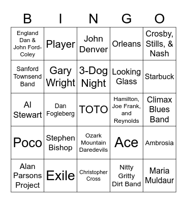 Yacht Rock Bingo Card