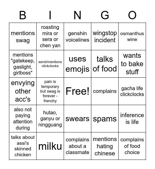 frecnhy binmgo Bingo Card