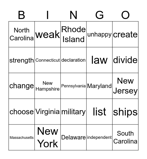 A New Nation - Game 1 Bingo Card