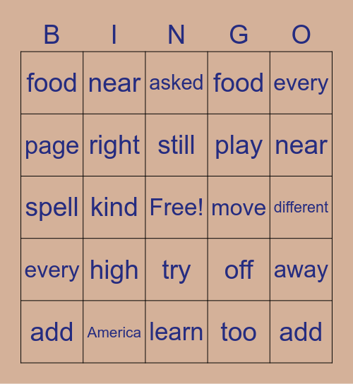 2nd Grade Sight Word Bingo Card