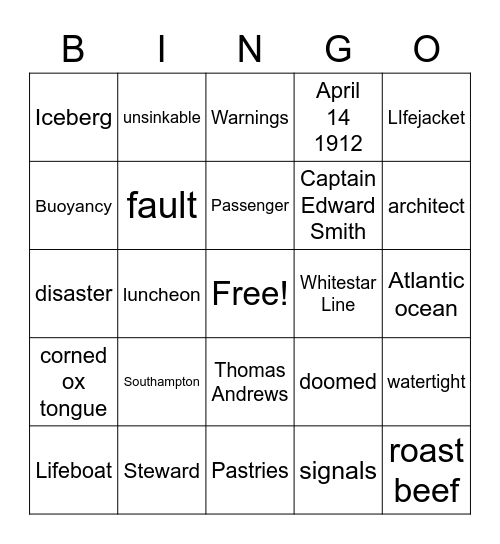 Titanic Bingo Card