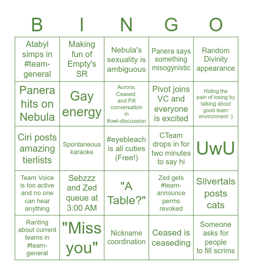 Bench Team Discord Bingo Card