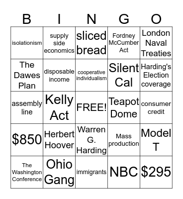 Politics of 1920 & A Growing Economy Bingo Card