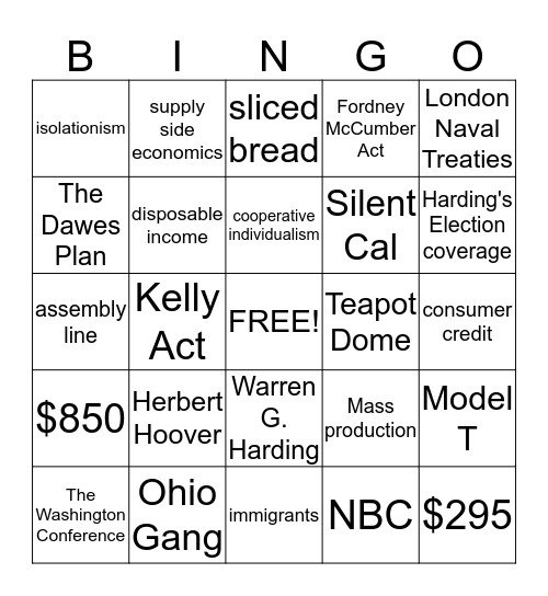 Politics of 1920 & A Growing Economy Bingo Card