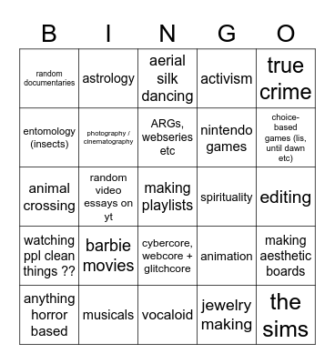 Special Interest Bingo Card