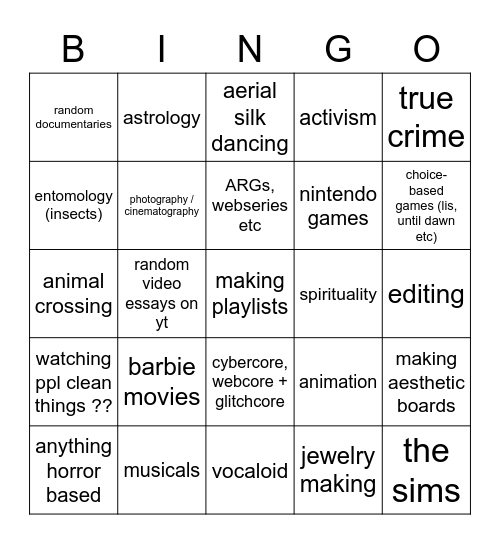 Special Interest Bingo Card