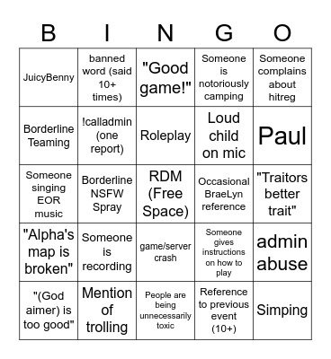 GFL TTT Rotation Bingo Card Bingo Card