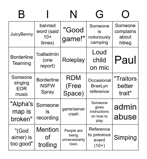 GFL TTT Rotation Bingo Card Bingo Card
