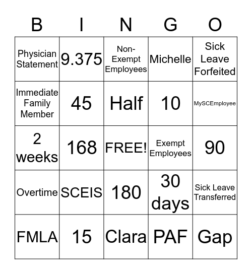 Time and Leave Bingo Card