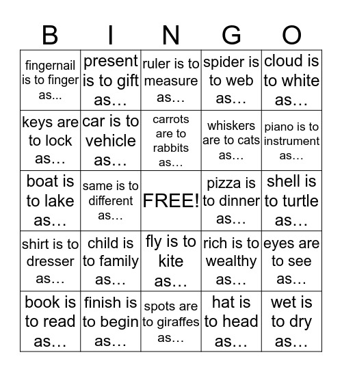 Analogy Bingo Card