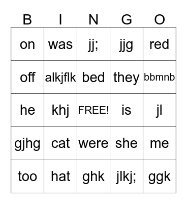 Sight Words Bingo Card