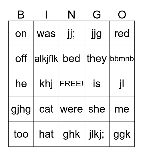 Sight Words Bingo Card