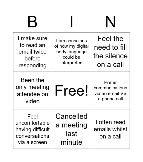 Digital Body Language Bingo Card