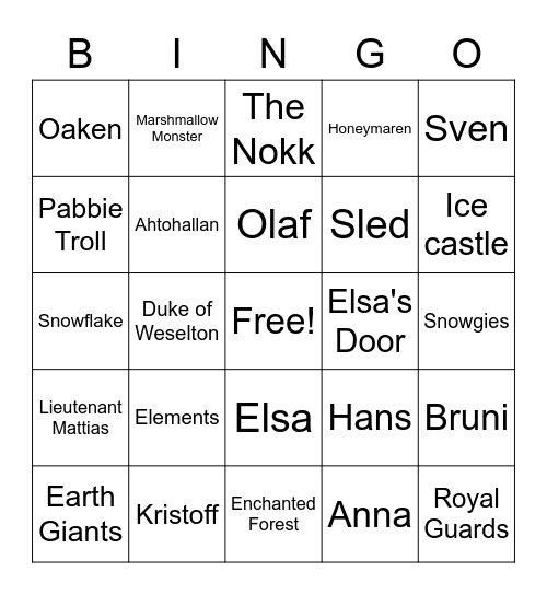 Frozen Bingo Card