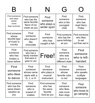 Get to Know Each Other Bingo Card