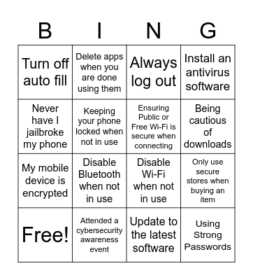Mobile Device Safety Bingo Card