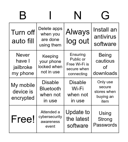Mobile Device Safety Bingo Card