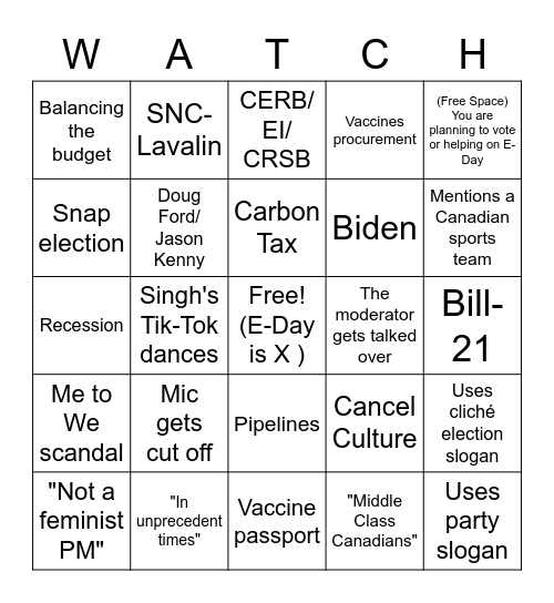 Canadian Election Debate Watch Guide Bingo Card