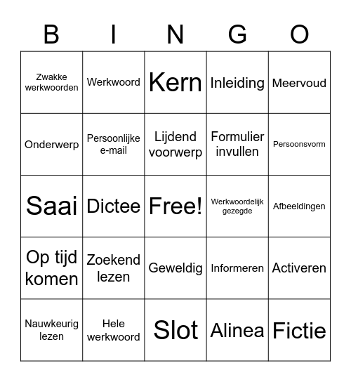 Nederlands Basis leerjaar 1 Bingo Card