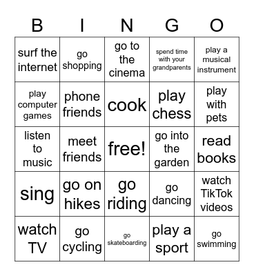 free time activities Bingo Card
