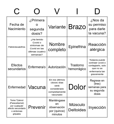 COVID en Español  BINGO Card