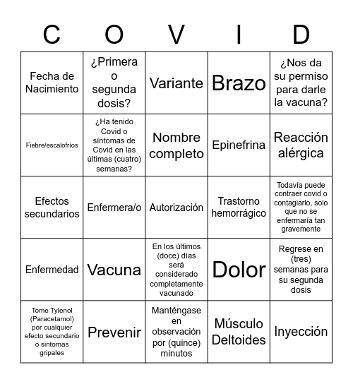 COVID en Español  BINGO Card