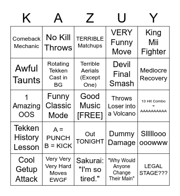 Kazuya Bingo Card
