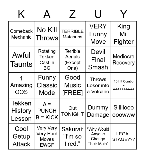 Kazuya Bingo Card