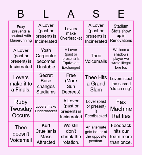 Lovers' Blaseball Bingo Card