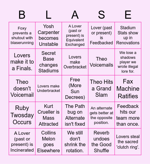 Lovers' Blaseball Bingo Card