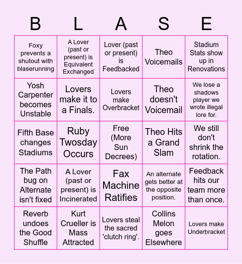 Lovers' Blaseball Bingo Card