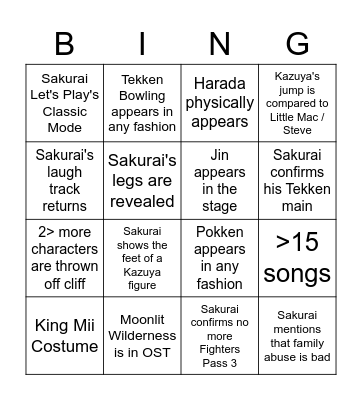 Kazuya Bingo Card