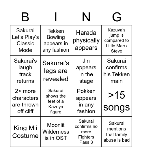 Kazuya Bingo Card