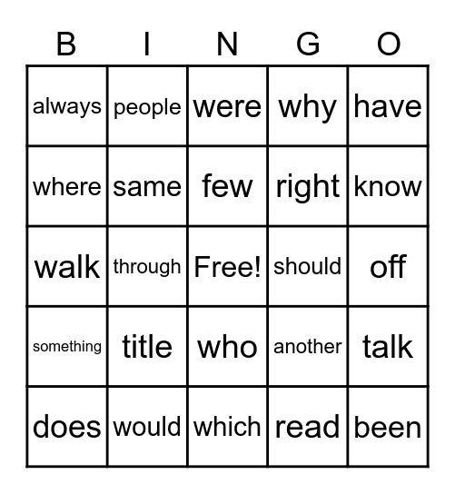 High Frequency Words Bingo Card