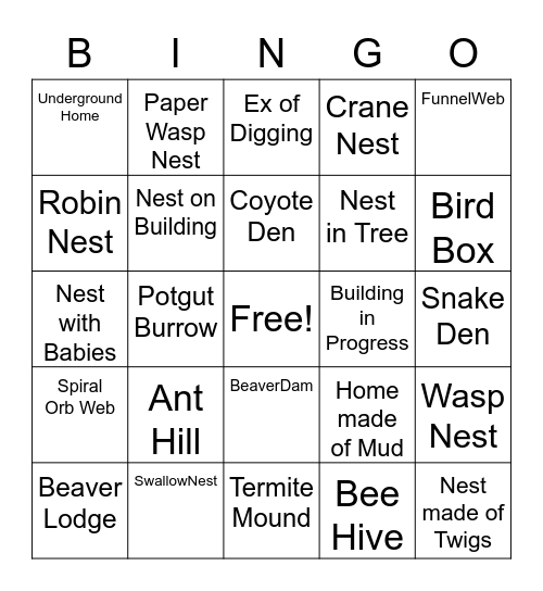 Animal Architects Bingo Card