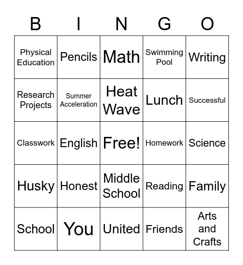 Summer School Bingo Card