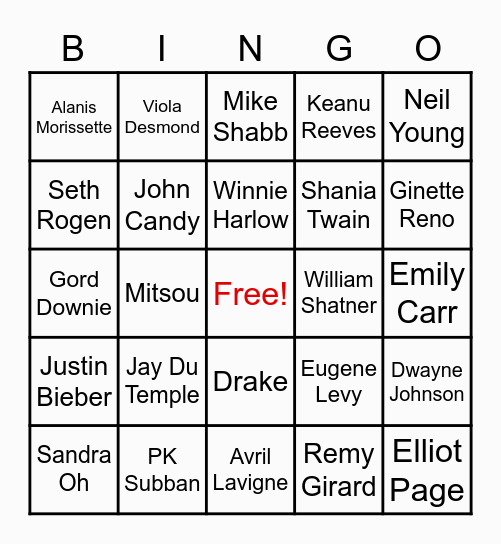 Famous Canadians Bingo Card