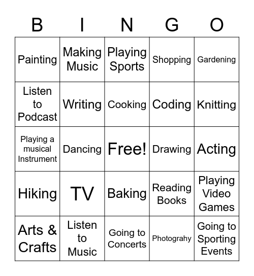 Hobby Bingo Card