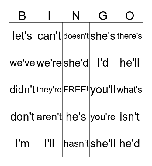 Contractions 1 Bingo Card