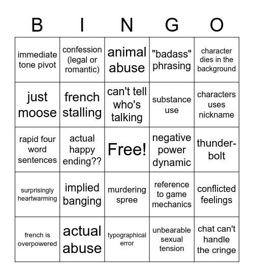 Cringe: Activated Bingo Card