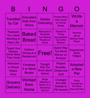 Pandemic Experiences Bingo Card