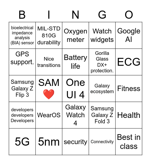 Samsung galaxy MWC 2021 Bingo Card