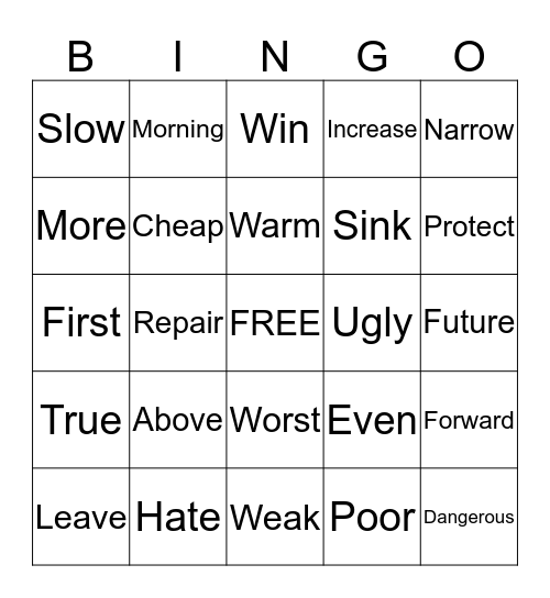 Antonym Bingo  Bingo Card