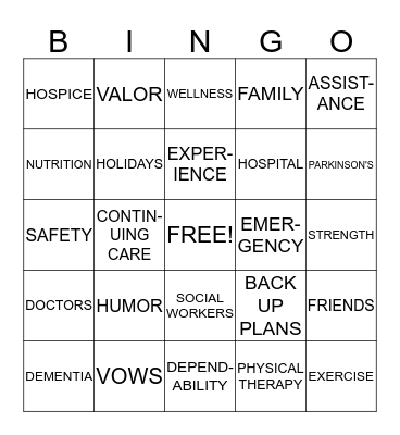 CARE GIVER BINGO Card