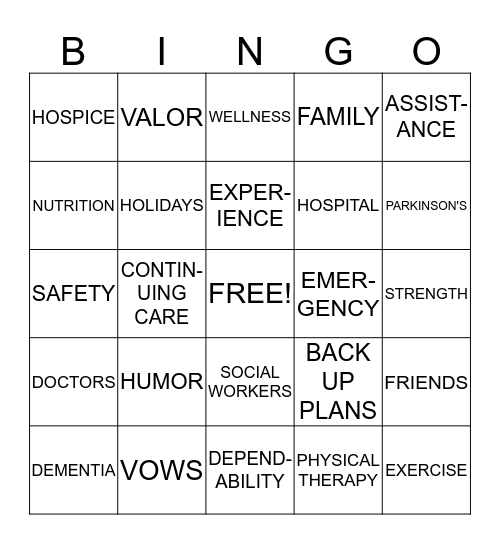 CARE GIVER BINGO Card