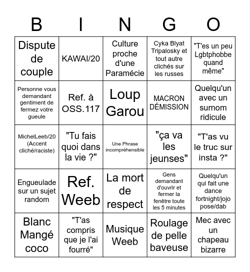 C'est pas mon Bingo, c'est celui de Sylvain Bingo Card