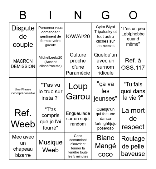 C'est pas mon Bingo, c'est celui de Sylvain Bingo Card