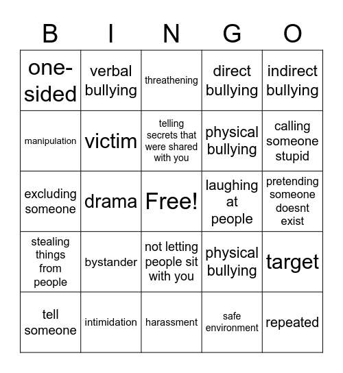 Anti-bullying Bingo Card