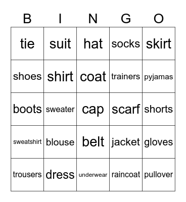 Clothes Bingo Card