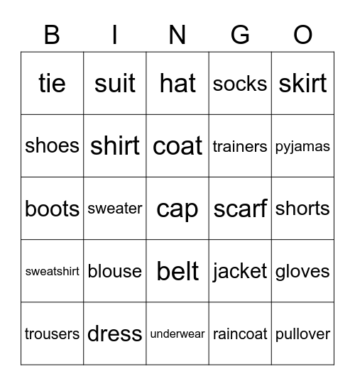 Clothes Bingo Card